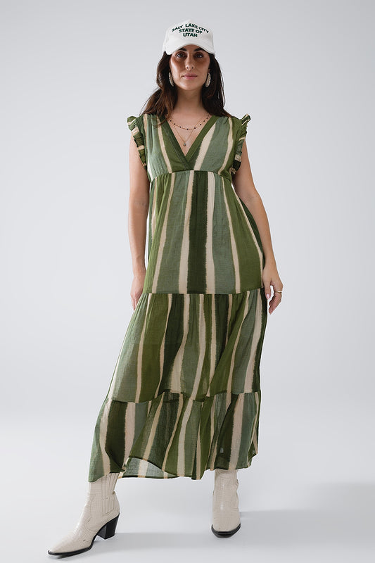 Q2 Maxi abito con scollo a V e gonna a balze in verde a righe tie-dye