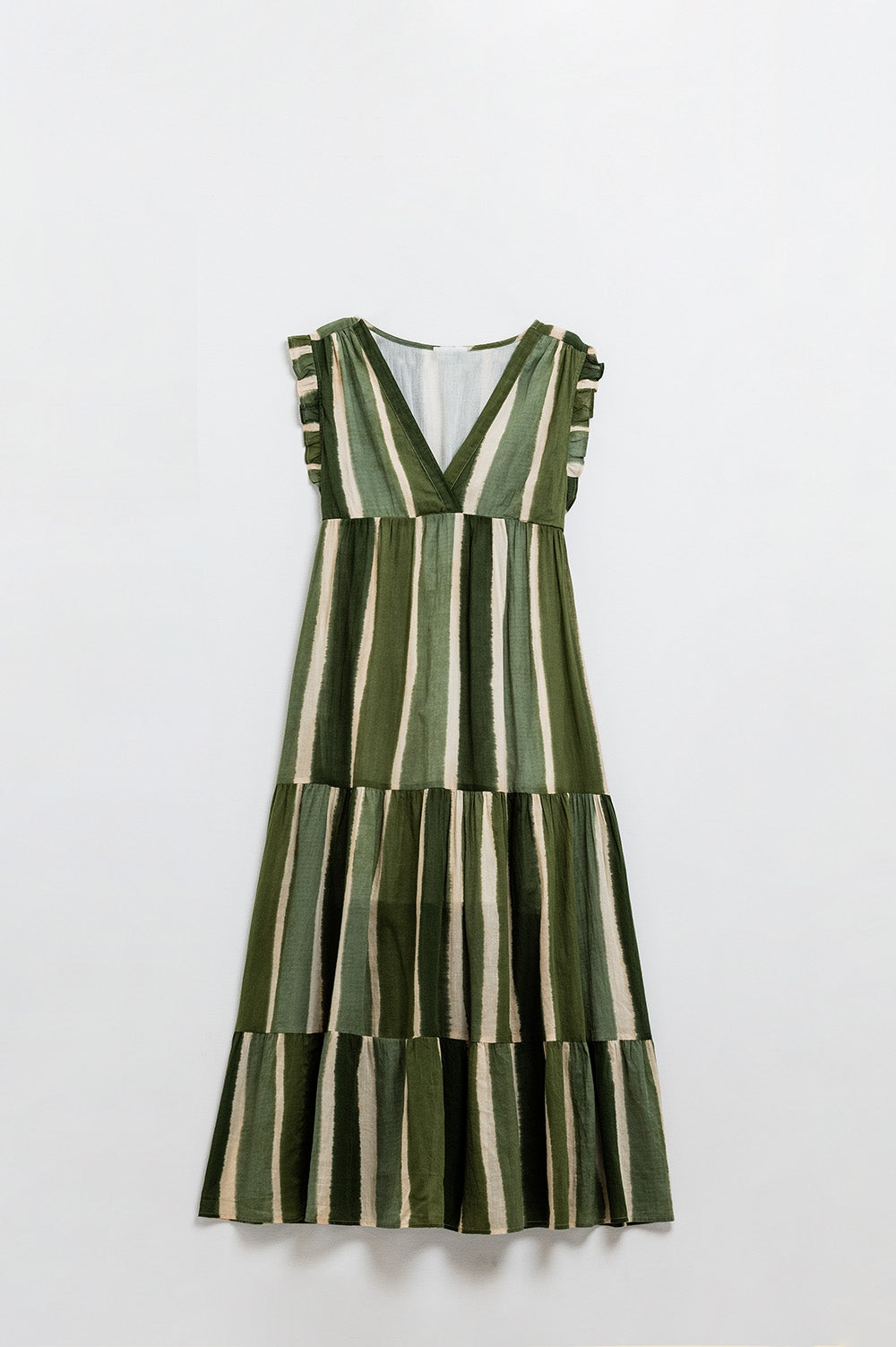 Maxi abito con scollo a V e gonna a balze in verde a righe tie-dye
