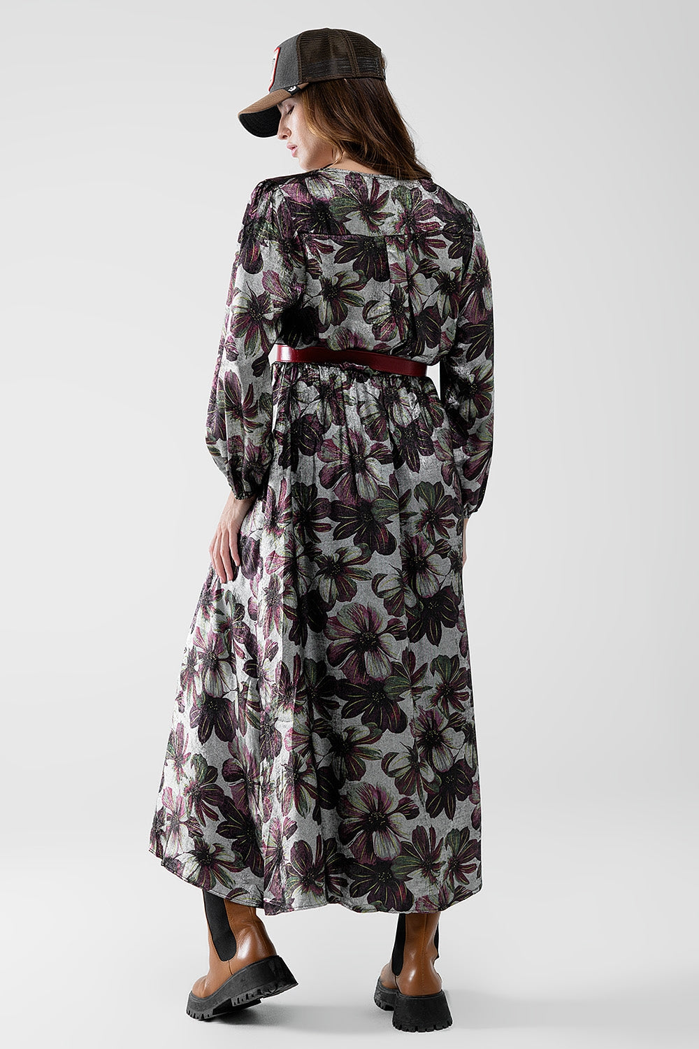 maxi abito con stampa floreale effetto metallizzato