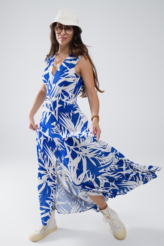 Q2 Maxi abito con stampa tropicale e scollo a V con spacco in blu