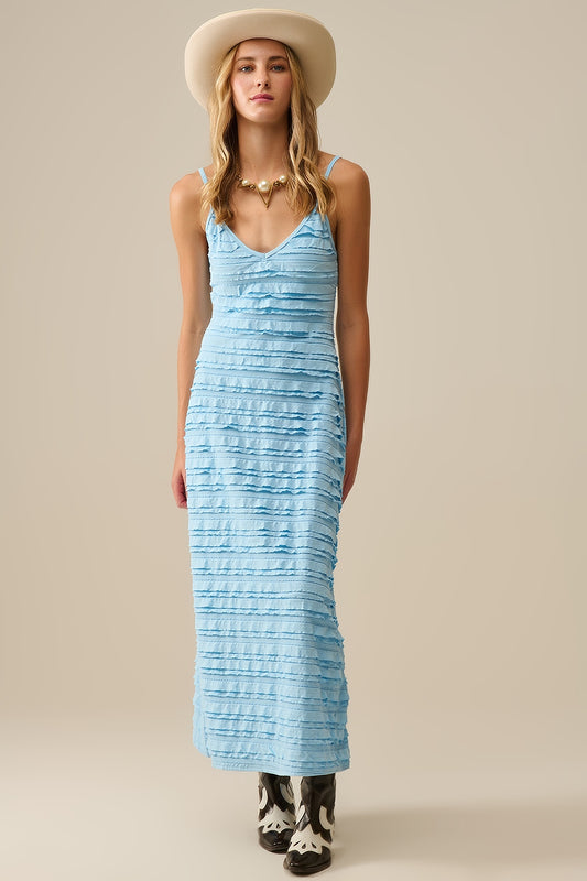 Q2 Maxi abito con volant in blu con spalline