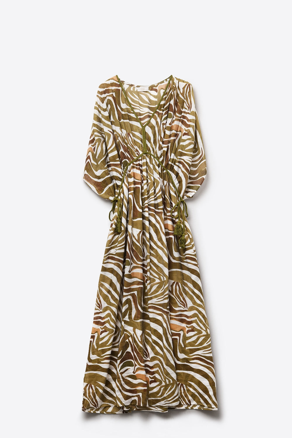Maxi abito fluido in chiffon Khaki con stampa zebrata e coulisse in vita