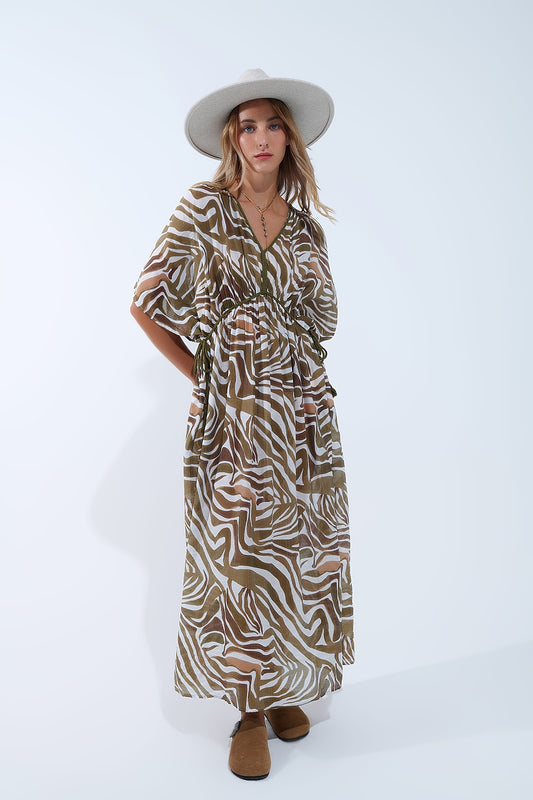 Q2 Maxi abito fluido in chiffon Khaki con stampa zebrata e coulisse in vita