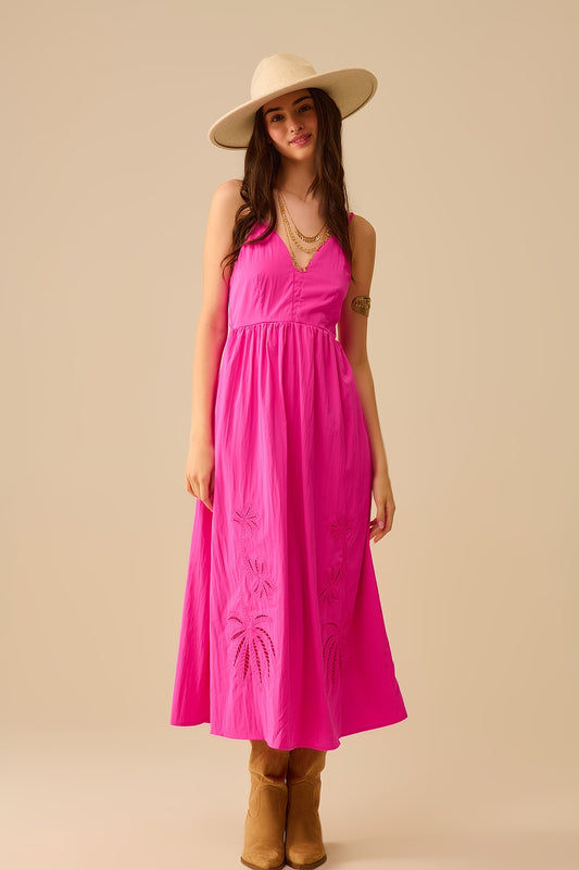 Q2 Maxi abito in fucsia con palme ricamate
