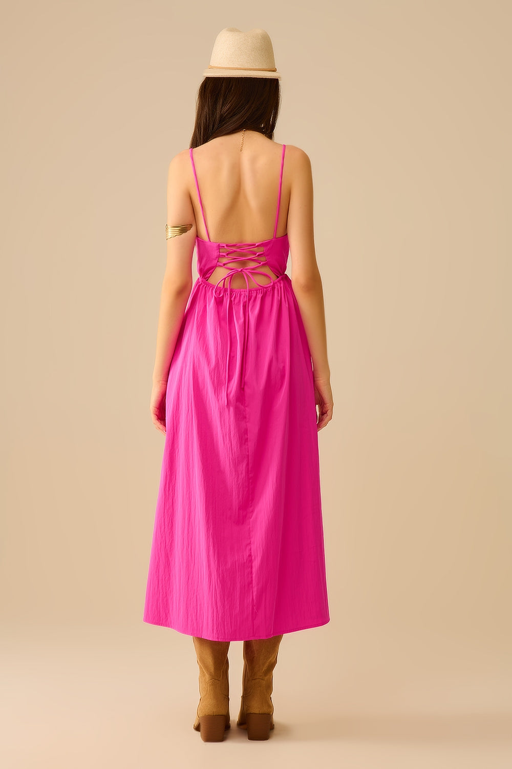 Maxi abito in fucsia con palme ricamate