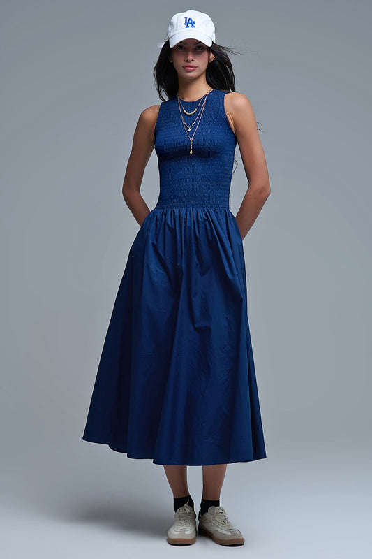 Q2 Maxi abito in popeline navy con dettaglio smocked