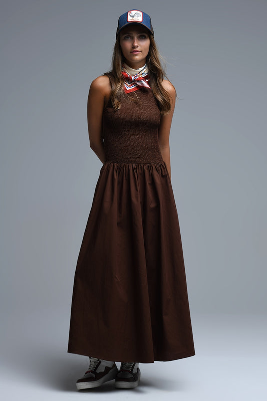 Q2 Maxi abito in popeline smocked marrone