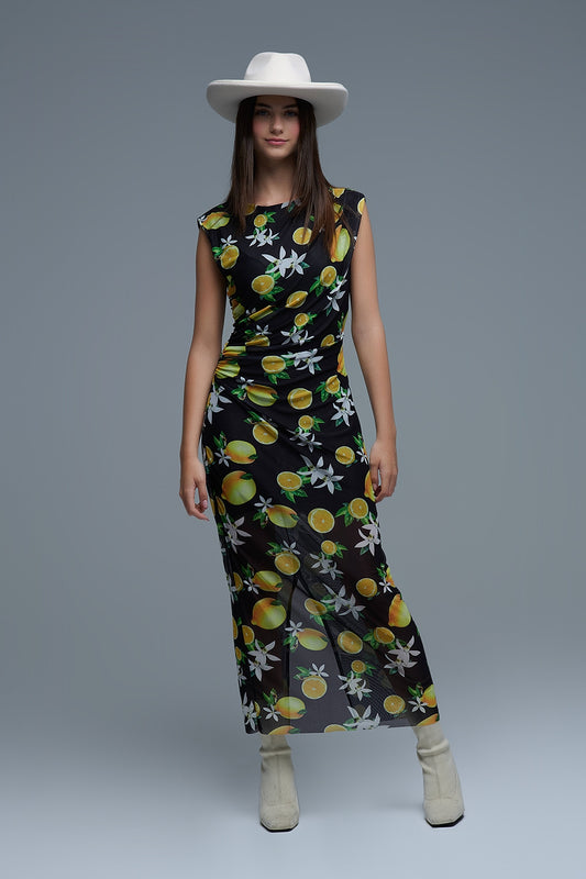 Q2 Maxi abito in tulle nero con stampa laterale in giallo e limone