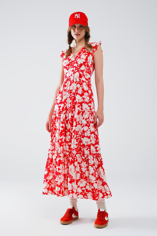 Q2 Maxi abito rosso con stampa floreale e scollo a V