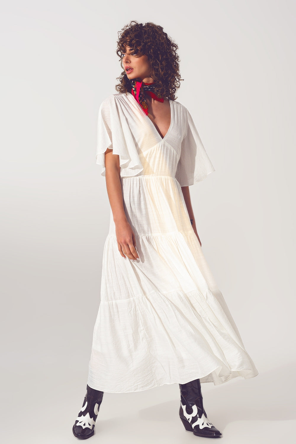 Q2 Maxi Abito Smock con Scollo a V in Bianco