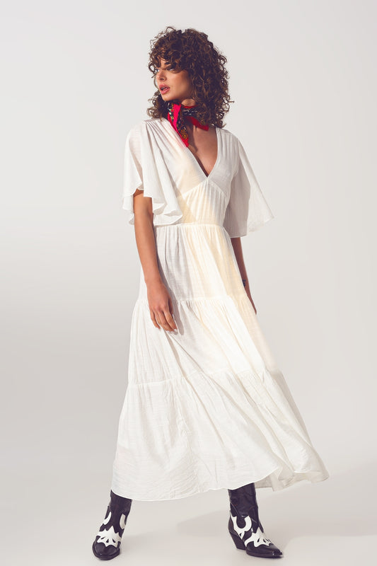 Q2 Maxi Abito Smock con Scollo a V in Bianco