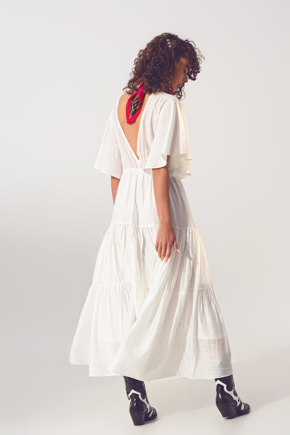 Maxi Abito Smock con Scollo a V in Bianco