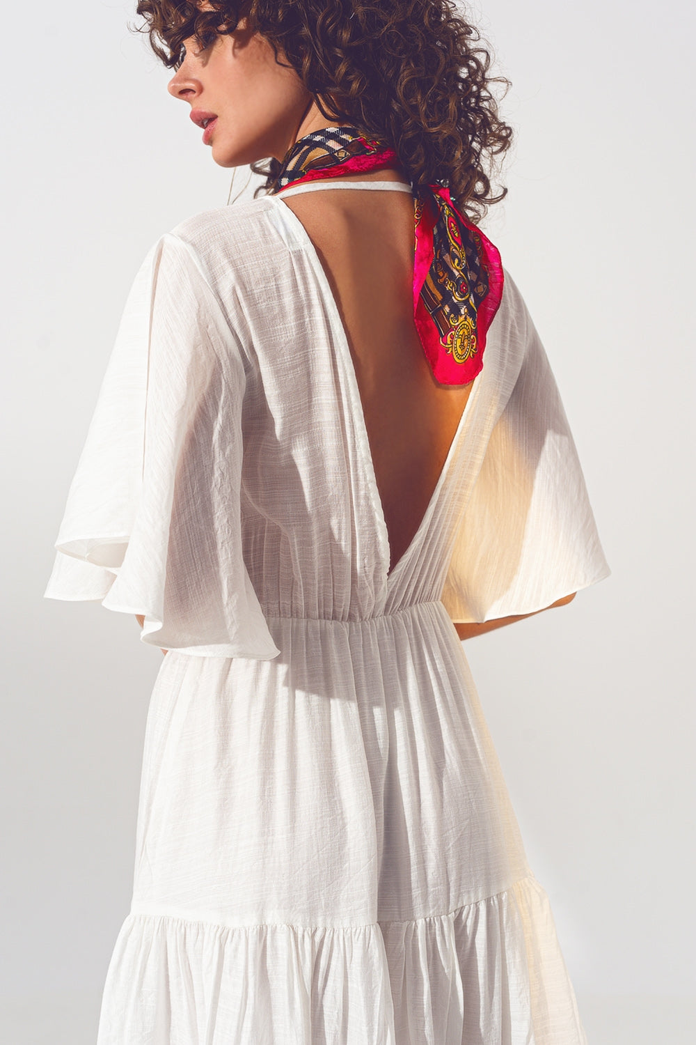 Maxi Abito Smock con Scollo a V in Bianco