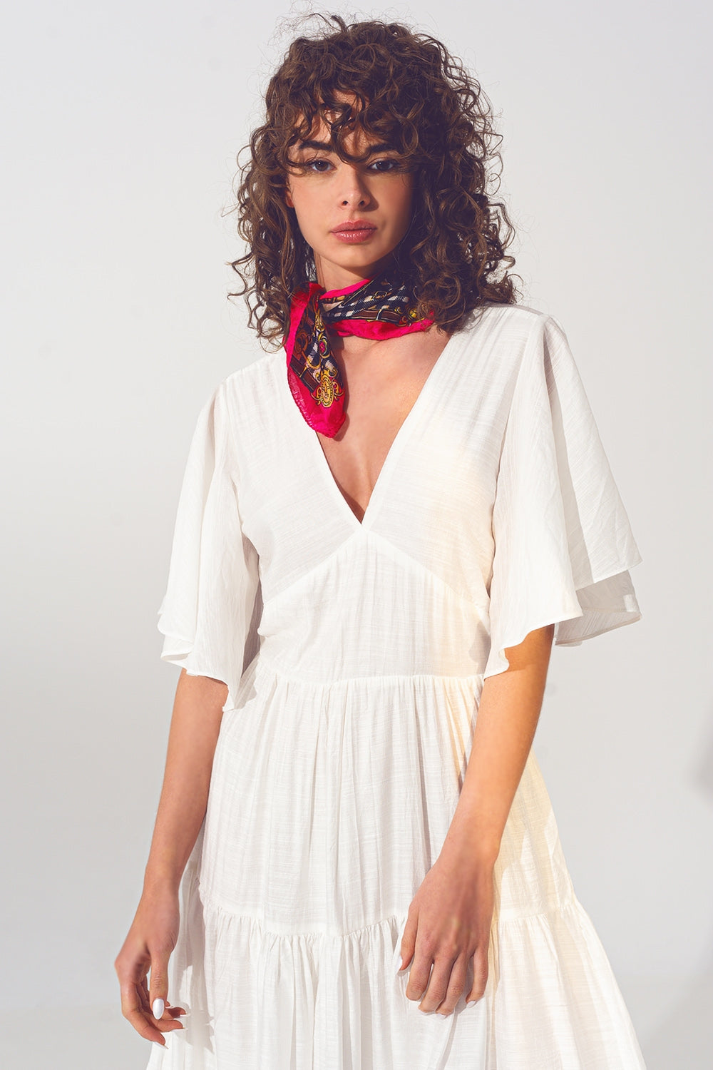 Maxi Abito Smock con Scollo a V in Bianco