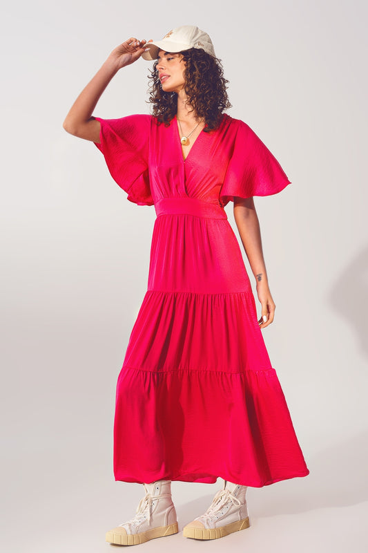 Q2 Maxi Abito Smock con Scollo a V in fucsia