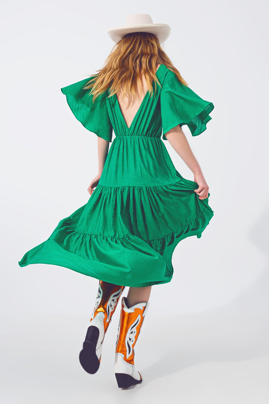 Q2 Maxi Abito Smock con Scollo a V in Verde