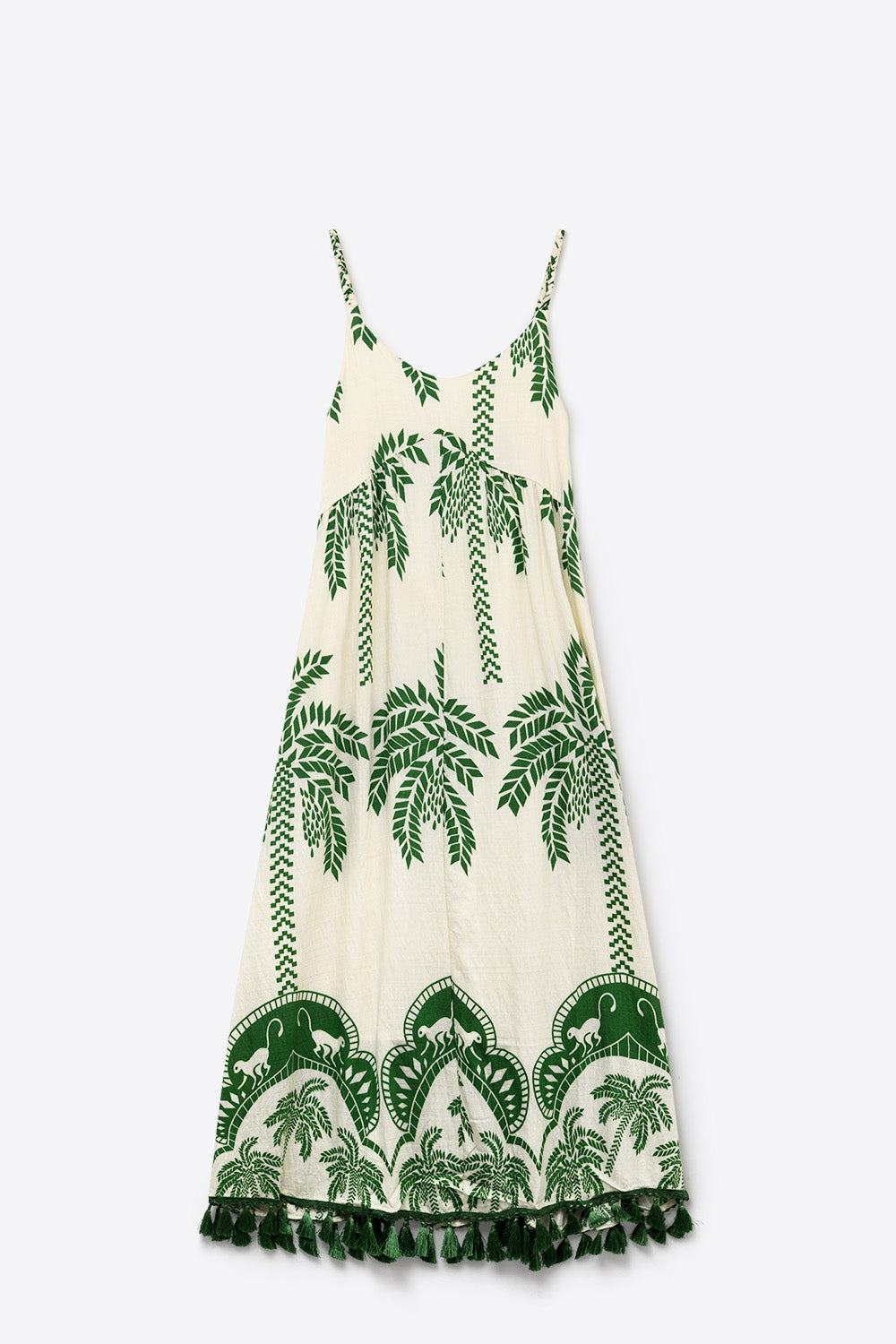 Maxi abito verde crema con stampa di palme e nappe dal taglio rilassato