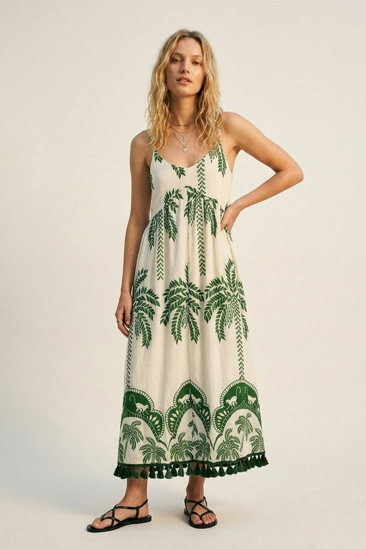 Q2 Maxi abito verde crema con stampa di palme e nappe dal taglio rilassato