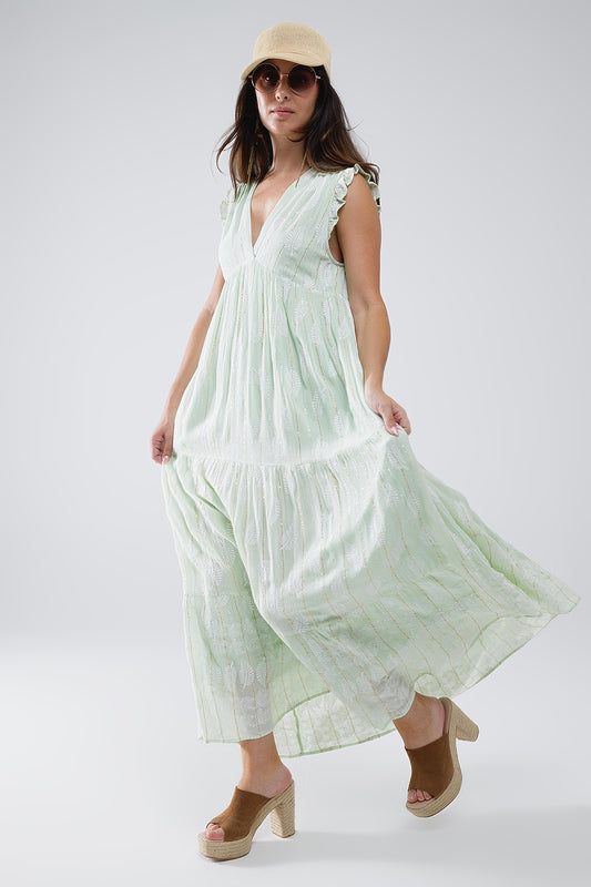Q2 Maxi babydoll boho con stampa a foglie e lurex in menta