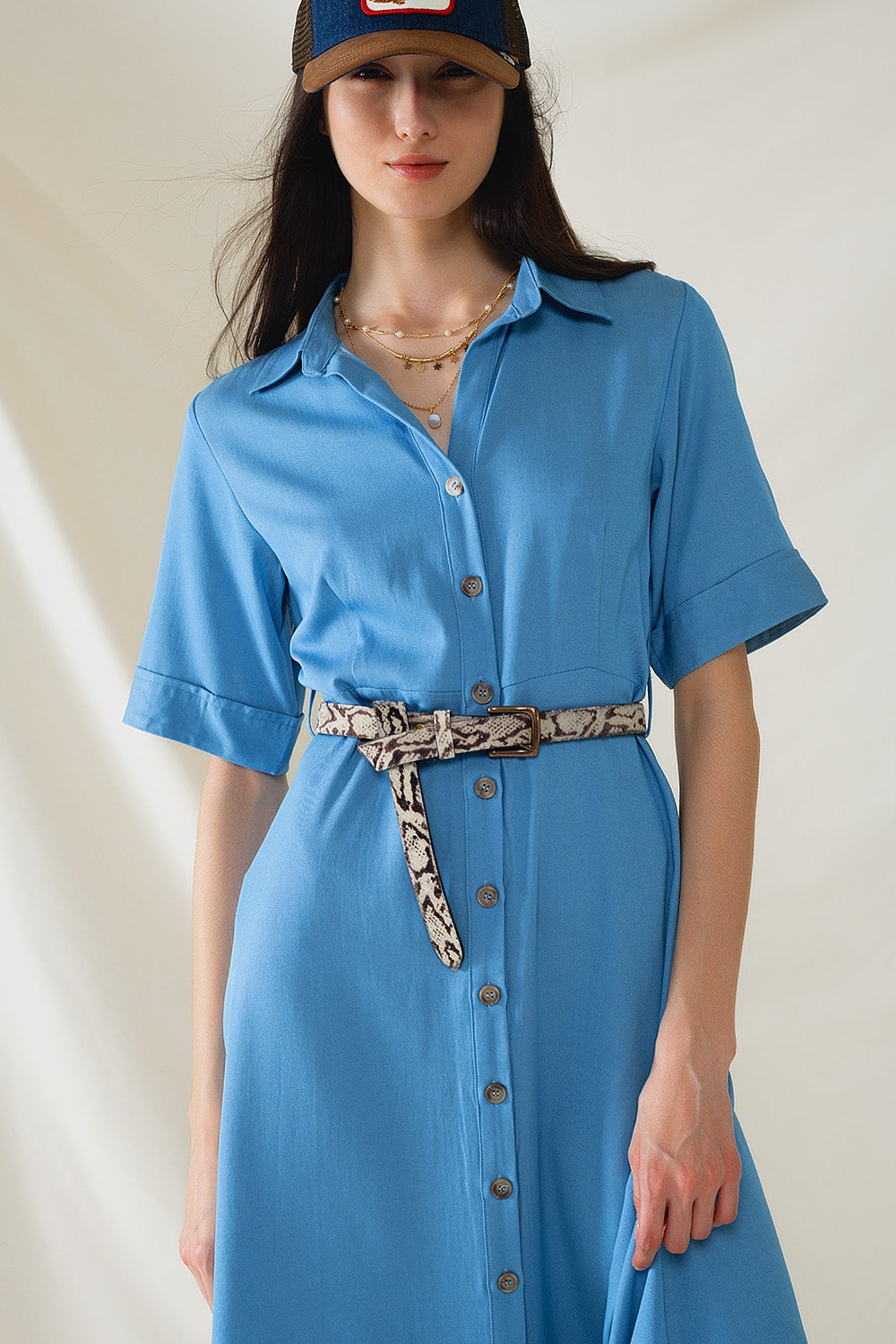 Maxi camicia blu con colletto a polo
