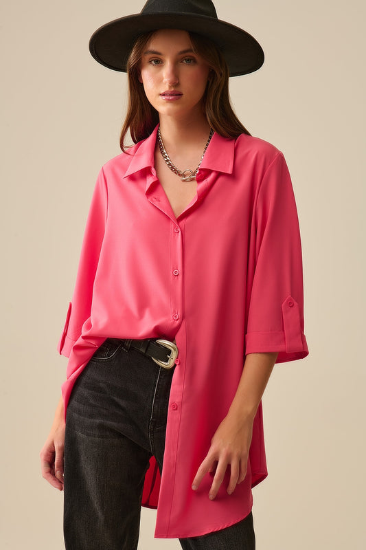 Q2 maxi camicia in tessuto molto morbido e leggero in colore corallo