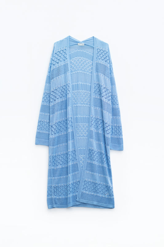Q2 Maxi cardigan all'uncinetto blu baby con maniche lunghe