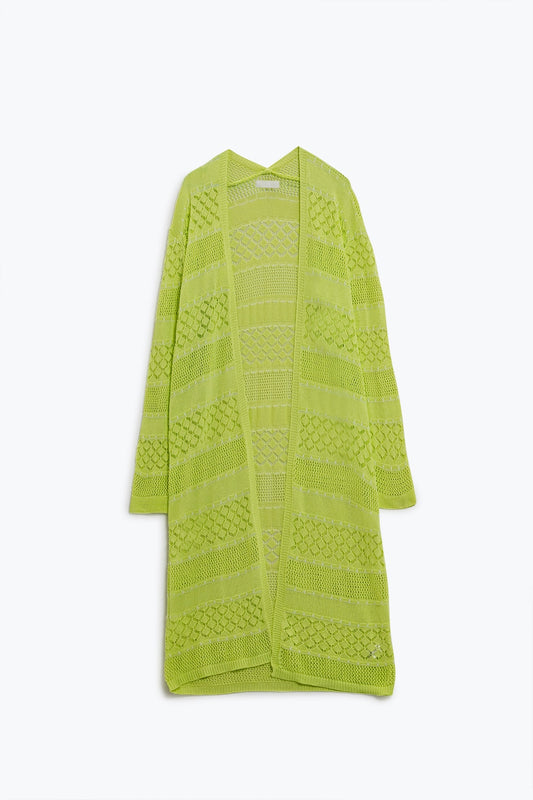 Q2 Maxi cardigan all'uncinetto in lime con maniche lunghe