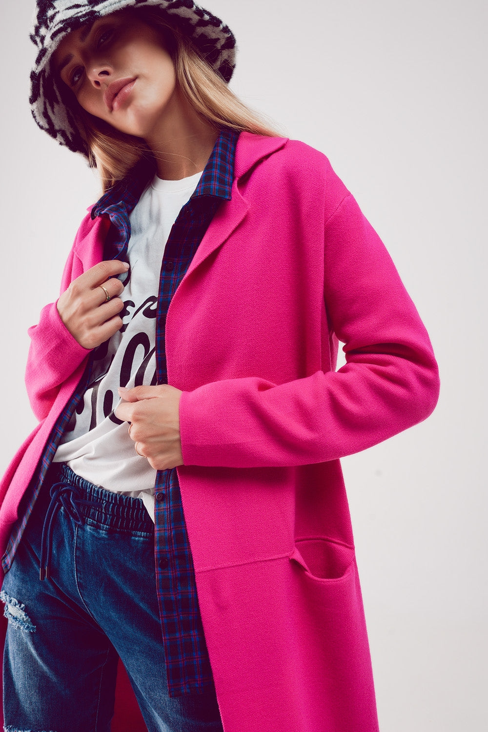 Maxi cardigan fucsia con colletto