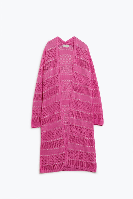 Q2 Maxi cardigan rosa all'uncinetto con maniche lunghe