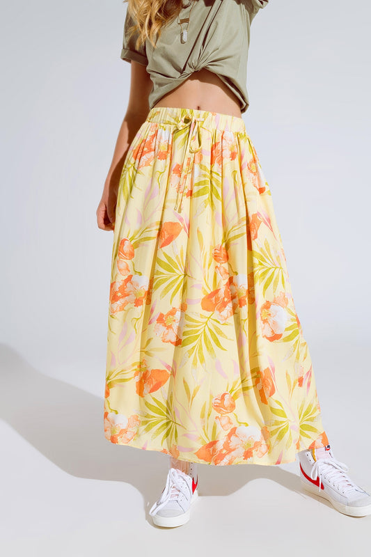 Q2 maxi gonna gialla con stampa tropicale