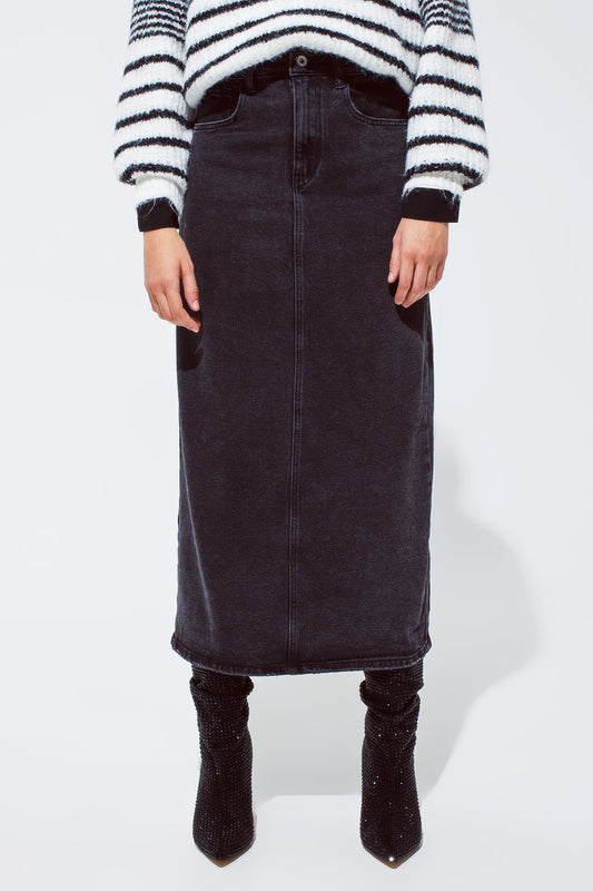 Q2 Maxi gonna in denim nero con spacco sul retro