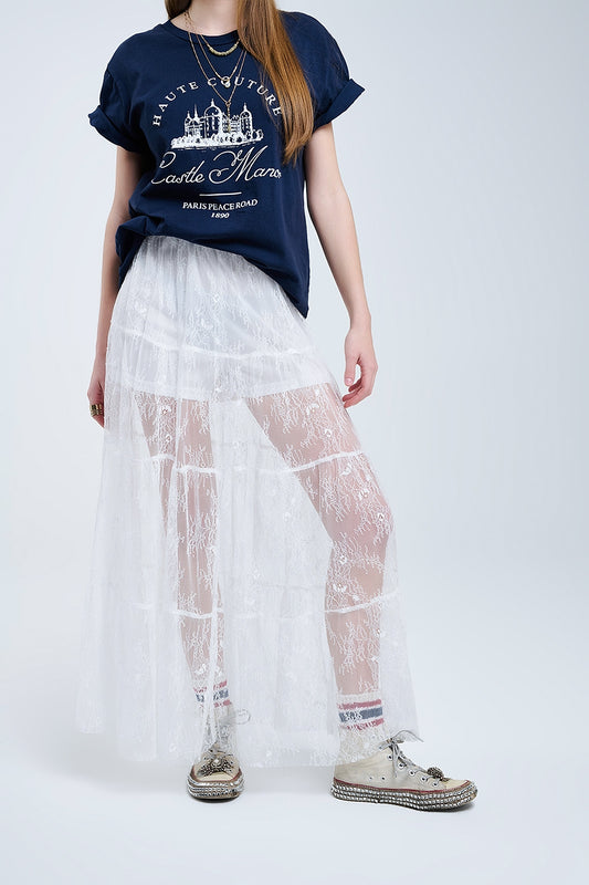 Q2 maxi gonna in pizzo bianco con stampa floreale