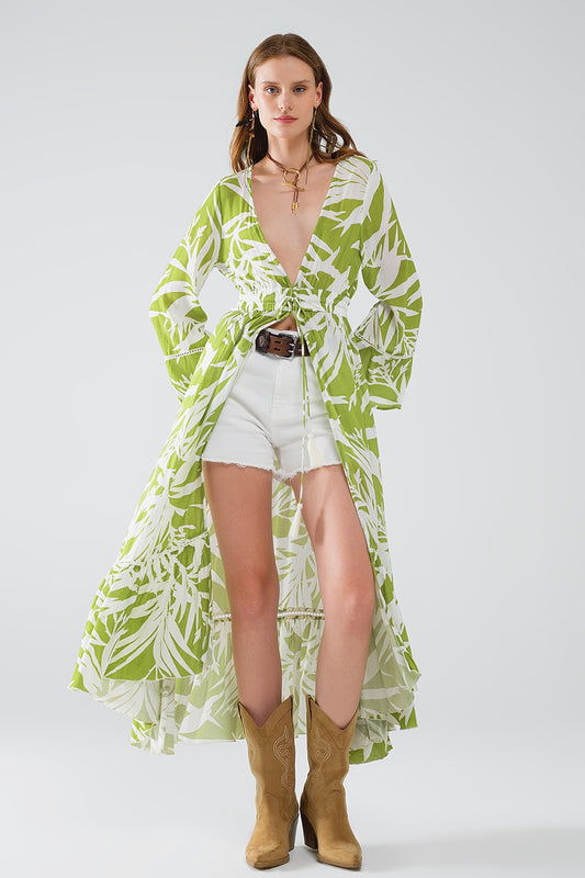Q2 Maxi kimono verde con stampa di palme tropicali