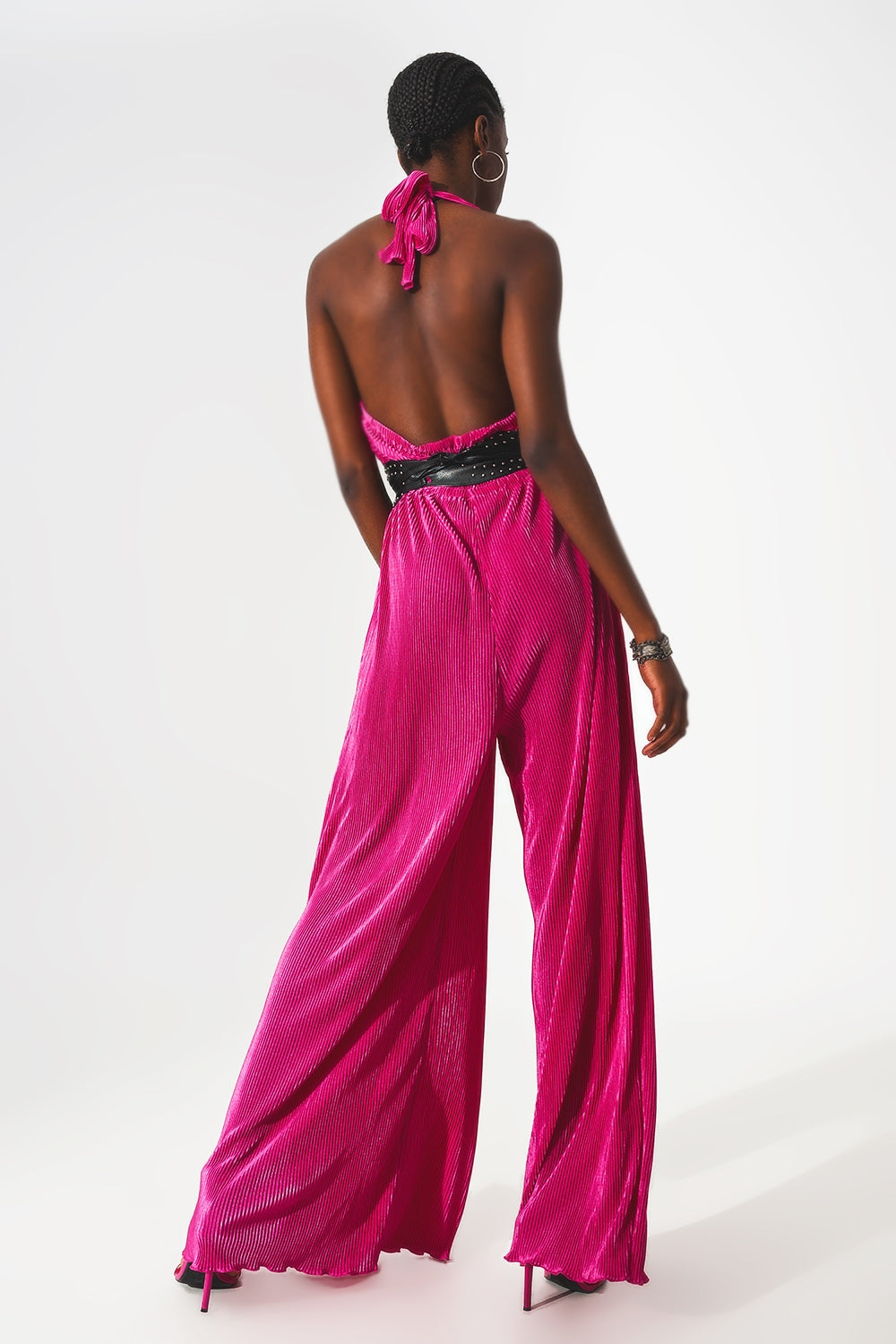 Maxi tuta plissé in raso fucsia