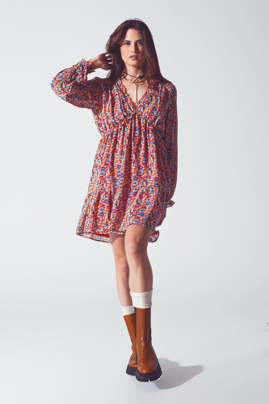 Q2 Mini abito floreale con scollo a V in multicolore