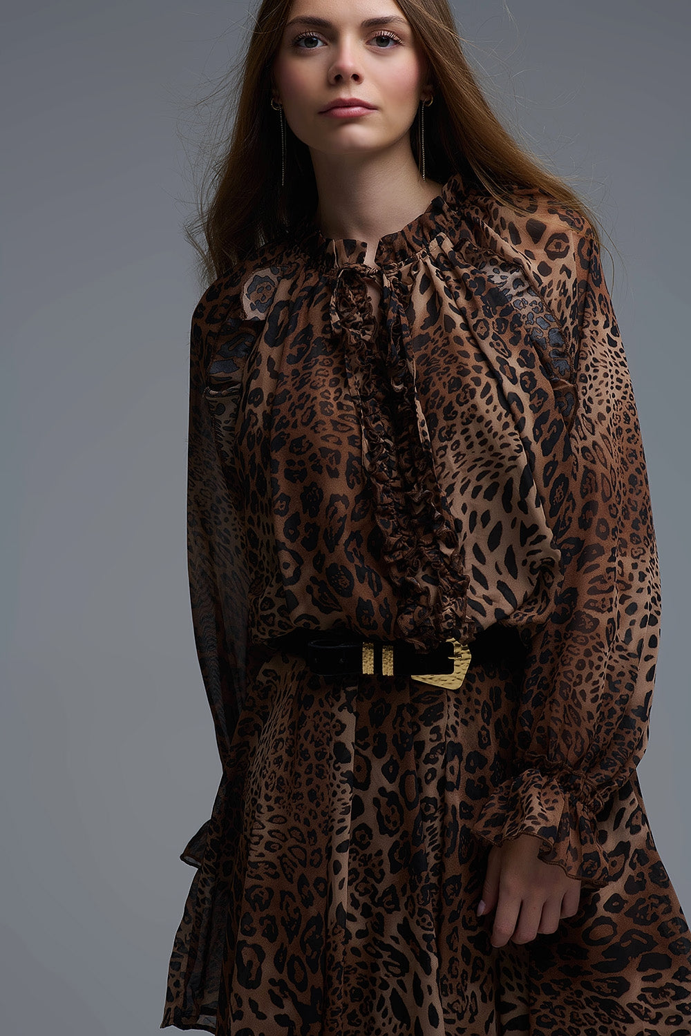 Mini abito in chiffon con stampa leopardata e dettagli con volant