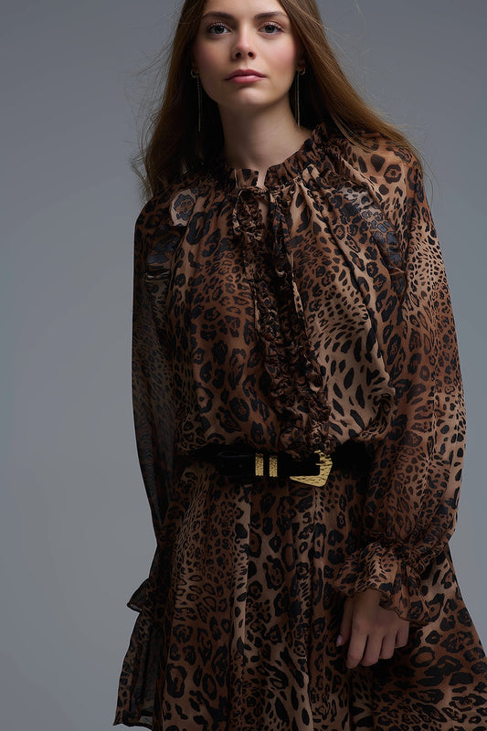 Mini abito in chiffon con stampa leopardata e dettagli con volant