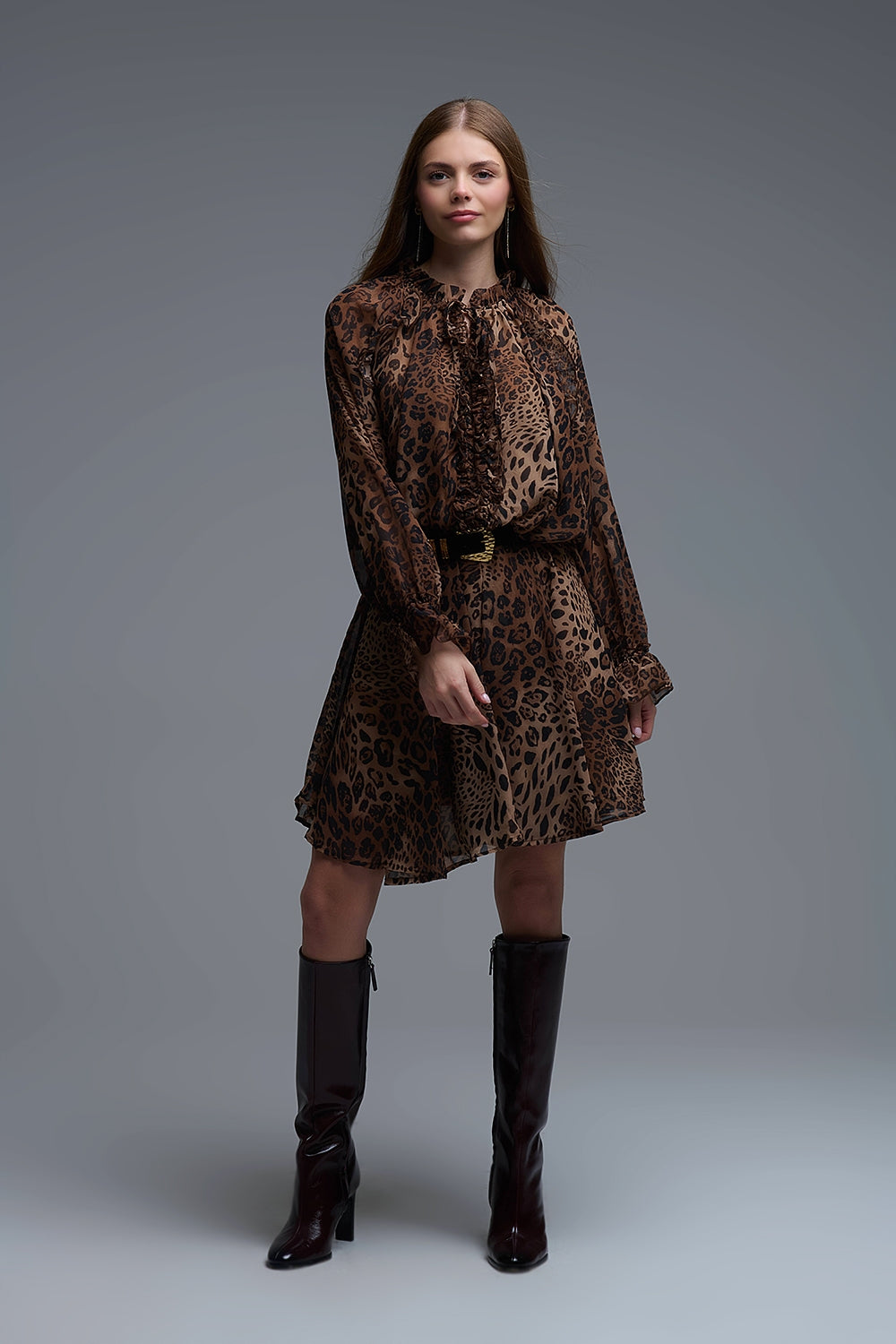 Mini abito in chiffon con stampa leopardata e dettagli con volant