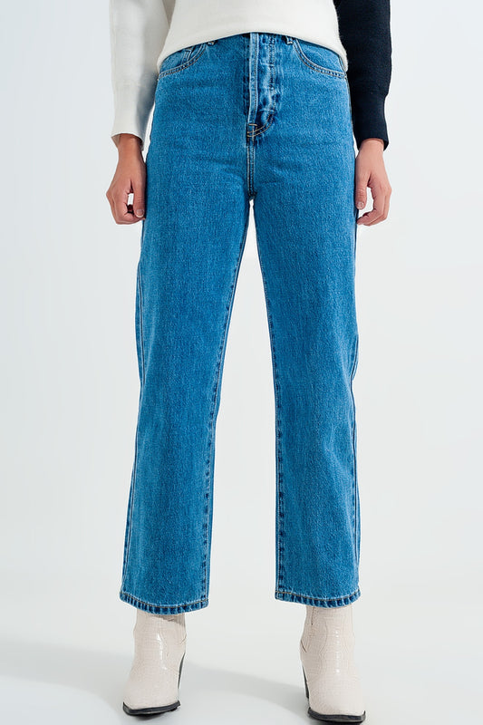 Q2 Mom jeans a vita alta blu medio retti