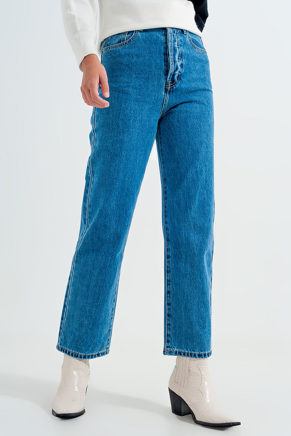 Mom jeans a vita alta blu medio retti