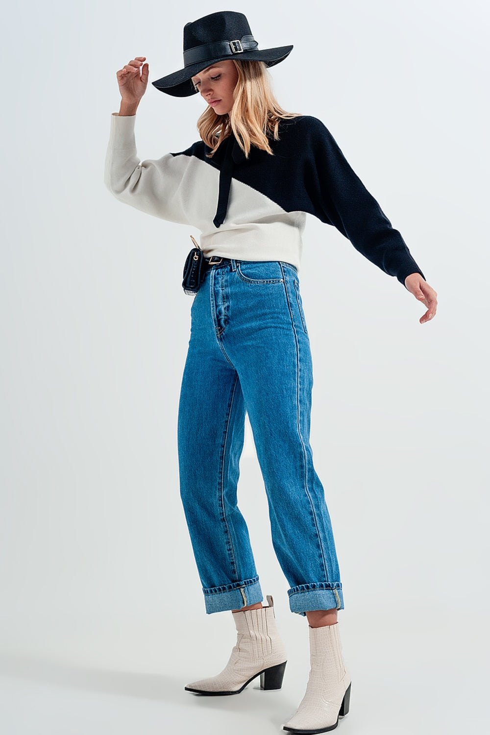 Mom jeans a vita alta blu medio retti