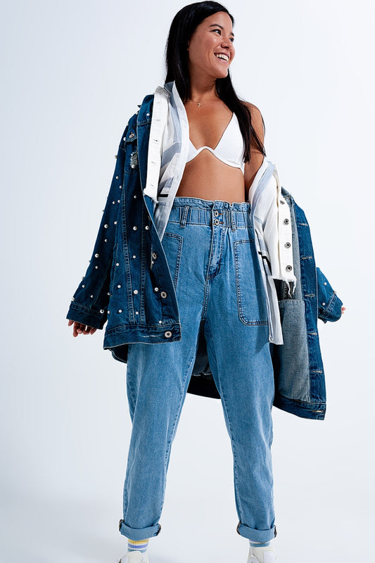 Q2 Mom jeans a vita alta con cintura blu medio