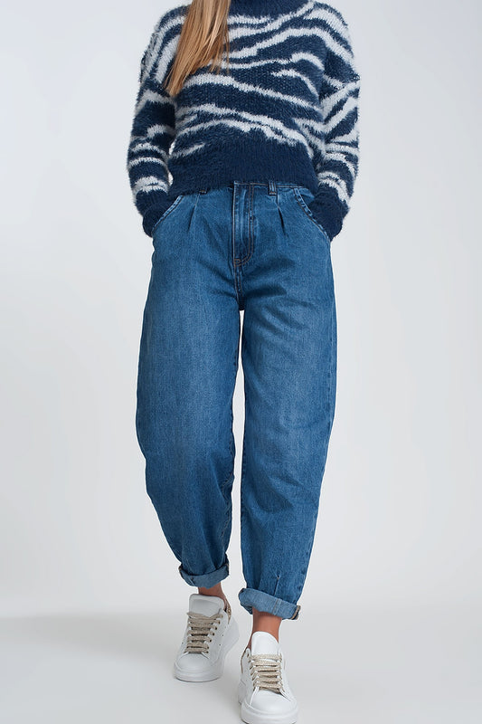 Q2 Mom jeans a vita alta con due ruches in vita in blu lavaggio scuro