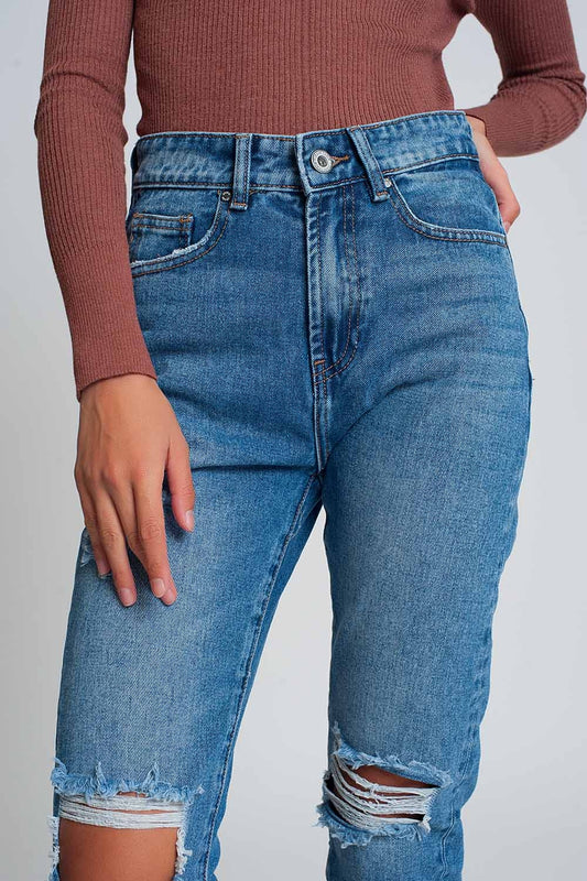 Q2 Mom jeans a vita alta con ginocchia strappate in blu lavaggio scuro