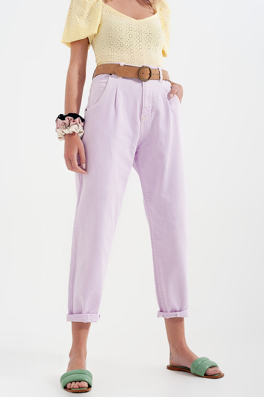 Q2 Mom jeans a vita alta con pieghe sul davanti in lilla