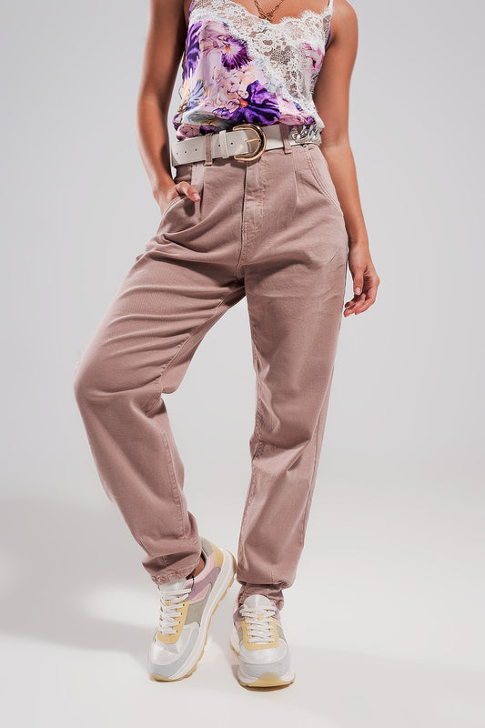 Q2 Mom jeans a vita alta con pieghe sul davanti in rosa