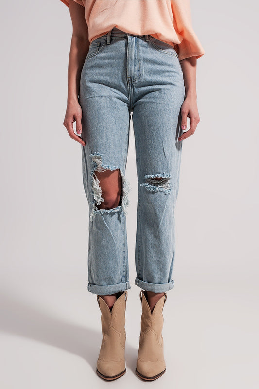 Q2 Mom jeans a vita alta lavaggio chiaro con rotture