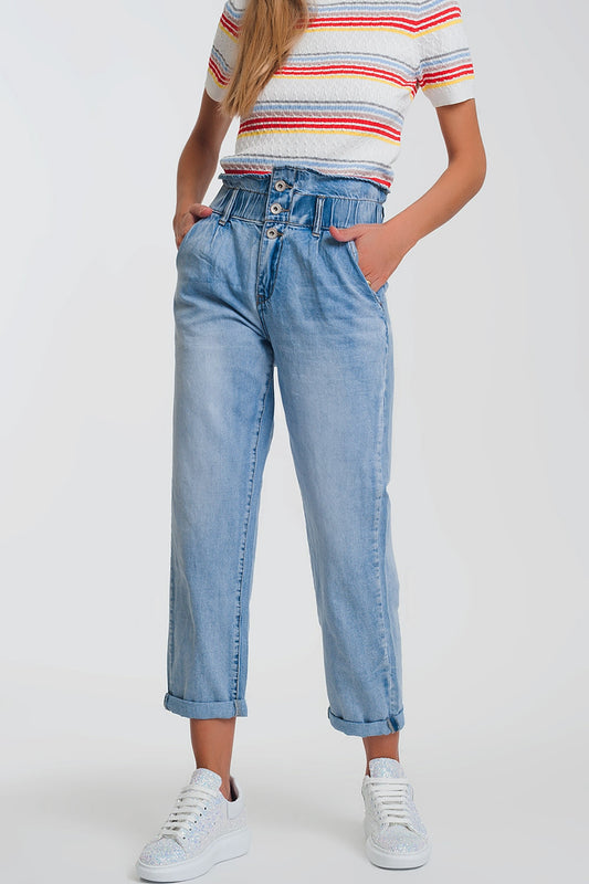 Q2 Mom jeans blu chiaro con vita elasticizzata e tre bottoni