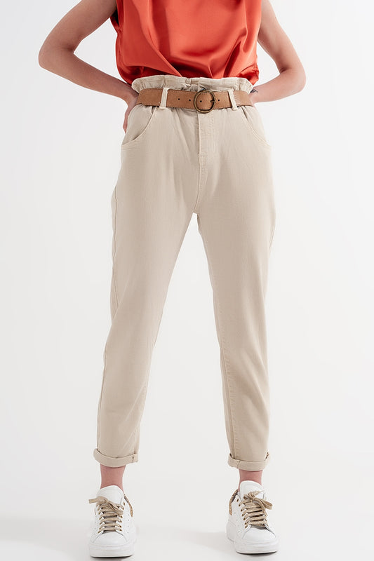 Q2 Mom jeans con cintura elasticizzata paperbag beige