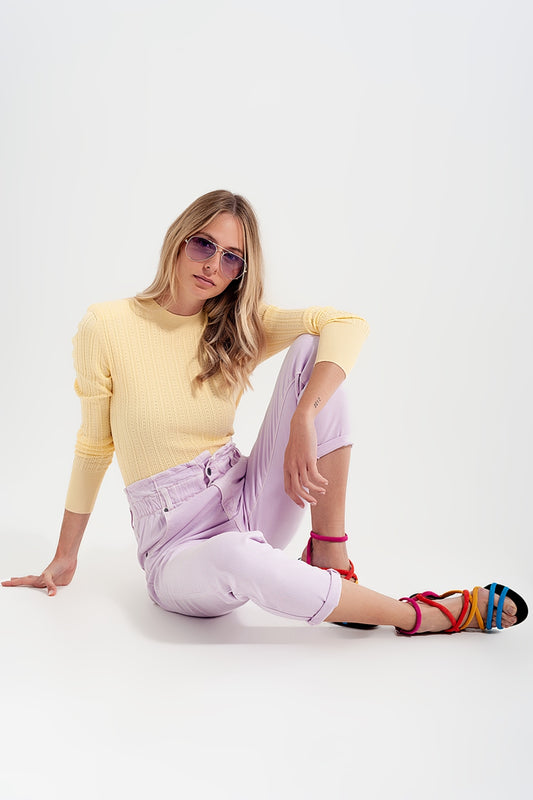 Q2 Mom jeans con cintura elasticizzata paperbag lilla